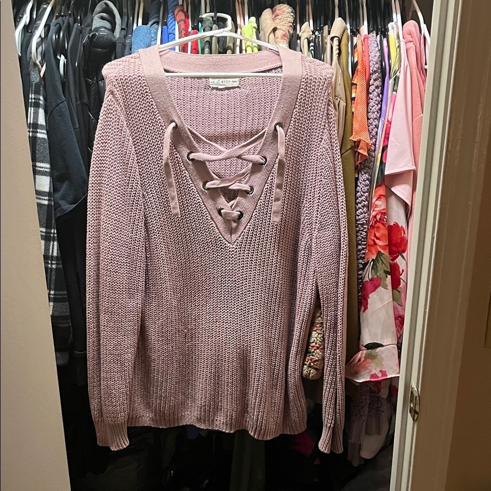 Women's Lace-Up Sweater - Pink